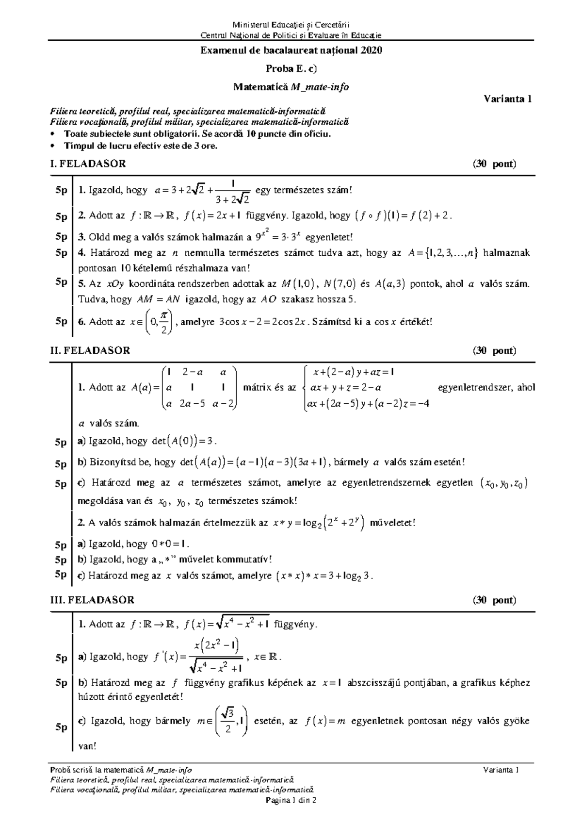 E c matematica M mateinfo 2020 var 01 LMA Ministerul Educaţiei și