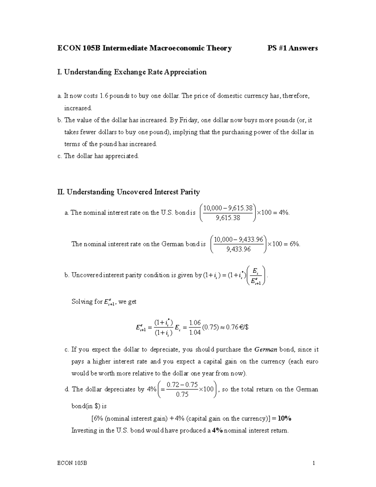 Problem Set 1 Solutions - ECON 105B Intermediate Macroeconomic Theory ...