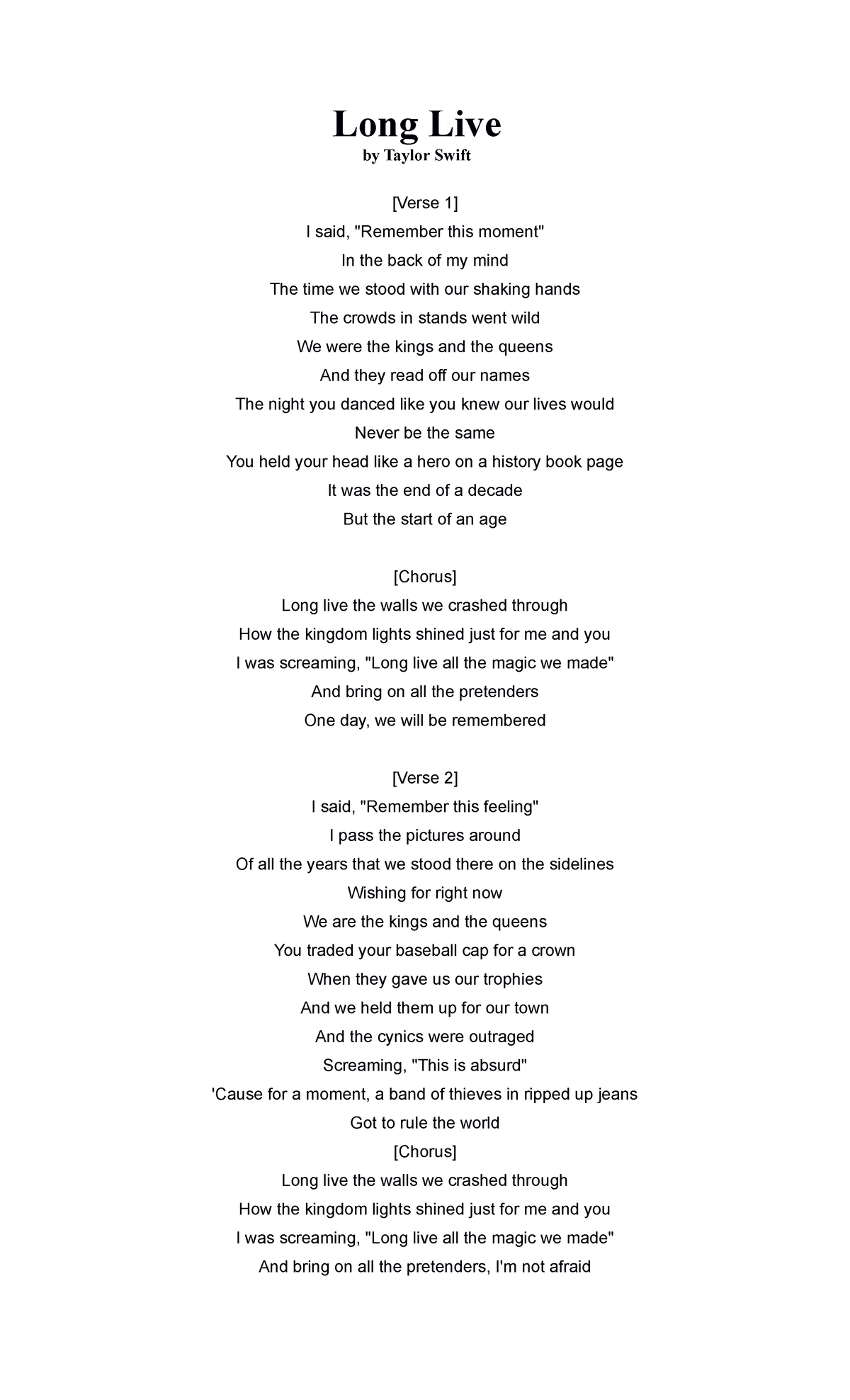 Taylor Swift – Long Live Lyrics