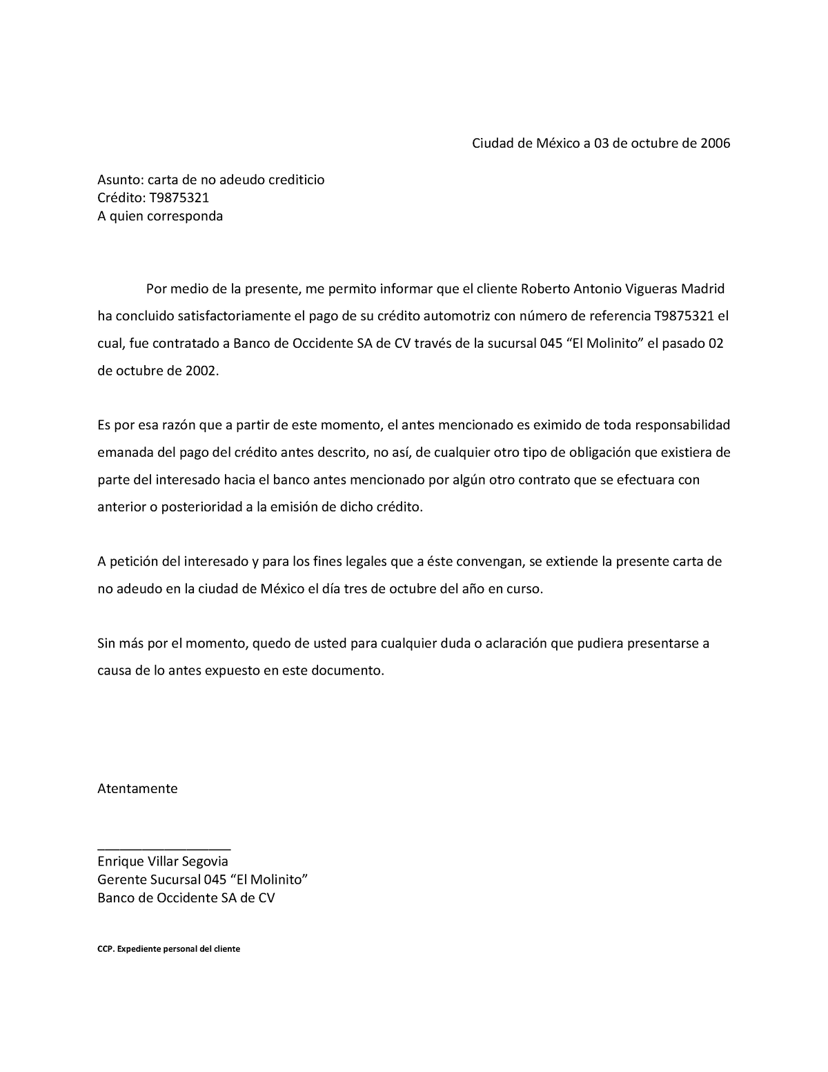 Ejemplo Carta de no Adeudo - Ciudad de MÈxico a 03 de octubre de 2006  Asunto: carta de no adeudo - Studocu