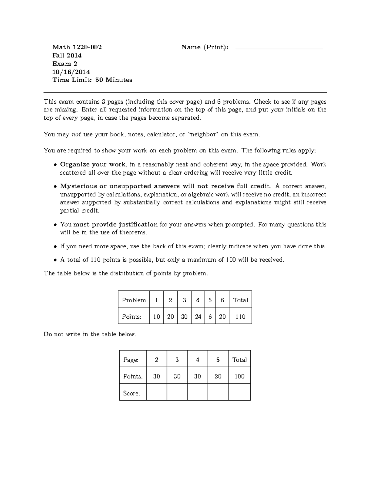 F2014 Exam2Key - Math Fall 2014 Exam 2 Time Limit: 50 Minutes Name ...