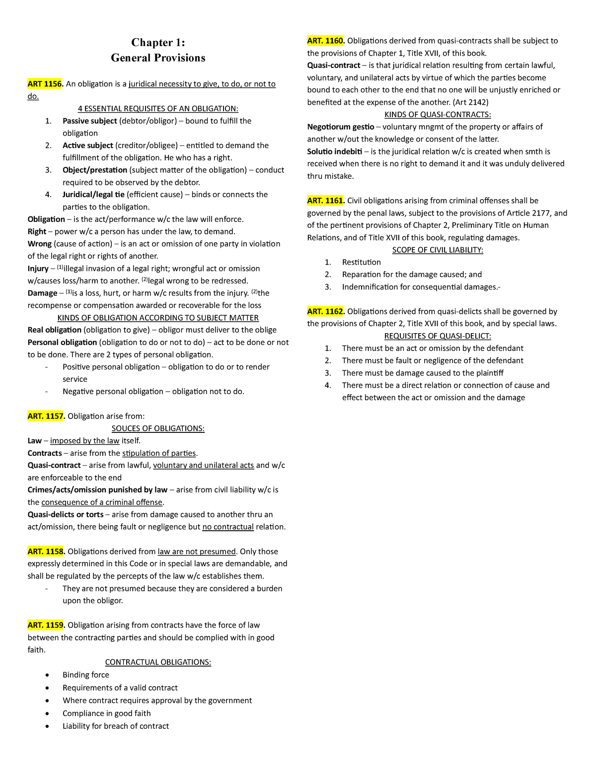 Oblicon Reviewer - Chapter 1: General Provisions ART 1156. An ...