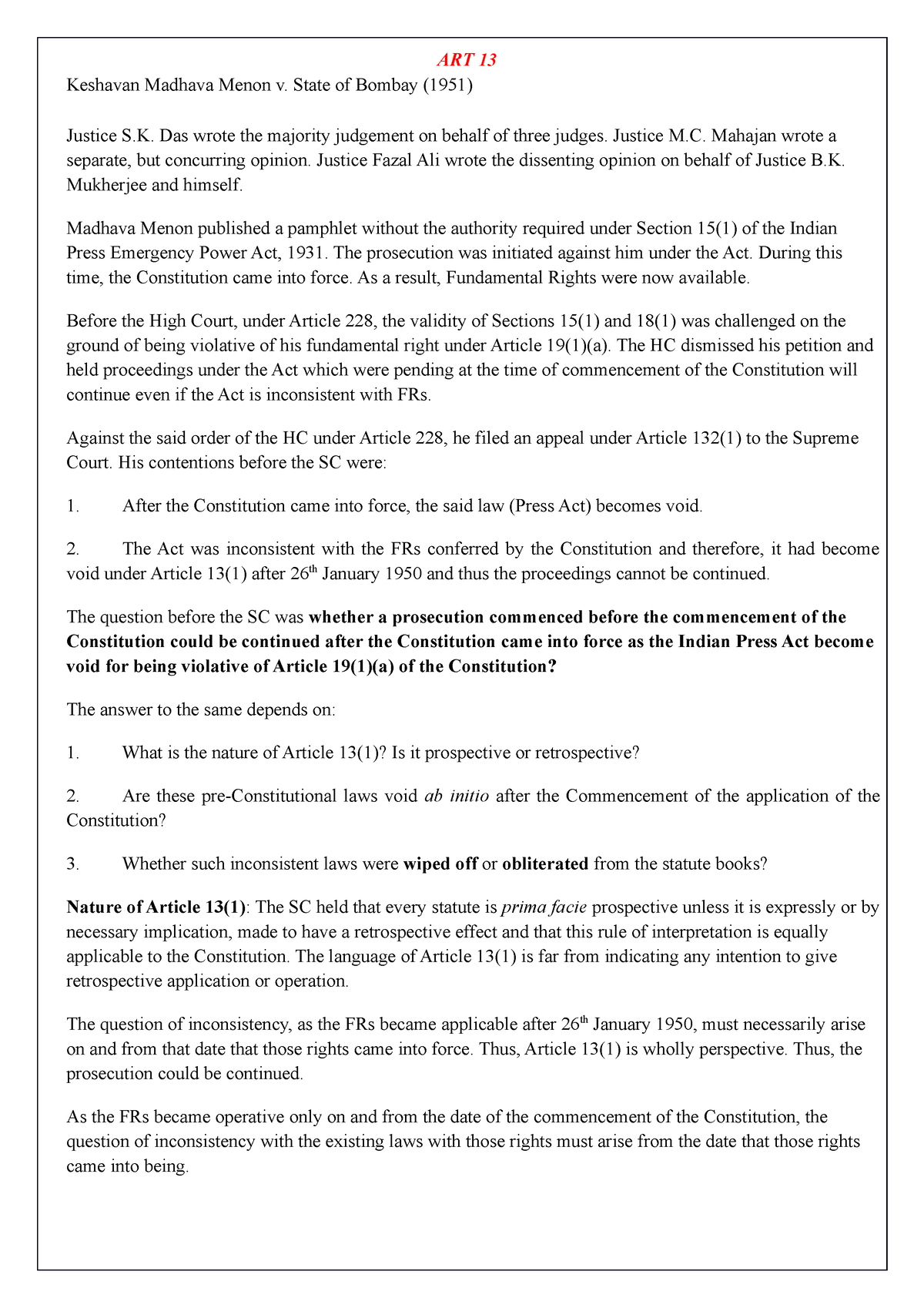 Art 14 Of Indian Const - ART 13 Keshavan Madhava Menon V. State Of ...