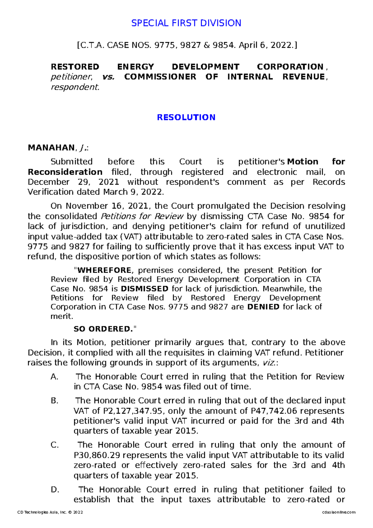 3255062022Restored Energy Development Corp SPECIAL FIRST DIVISION