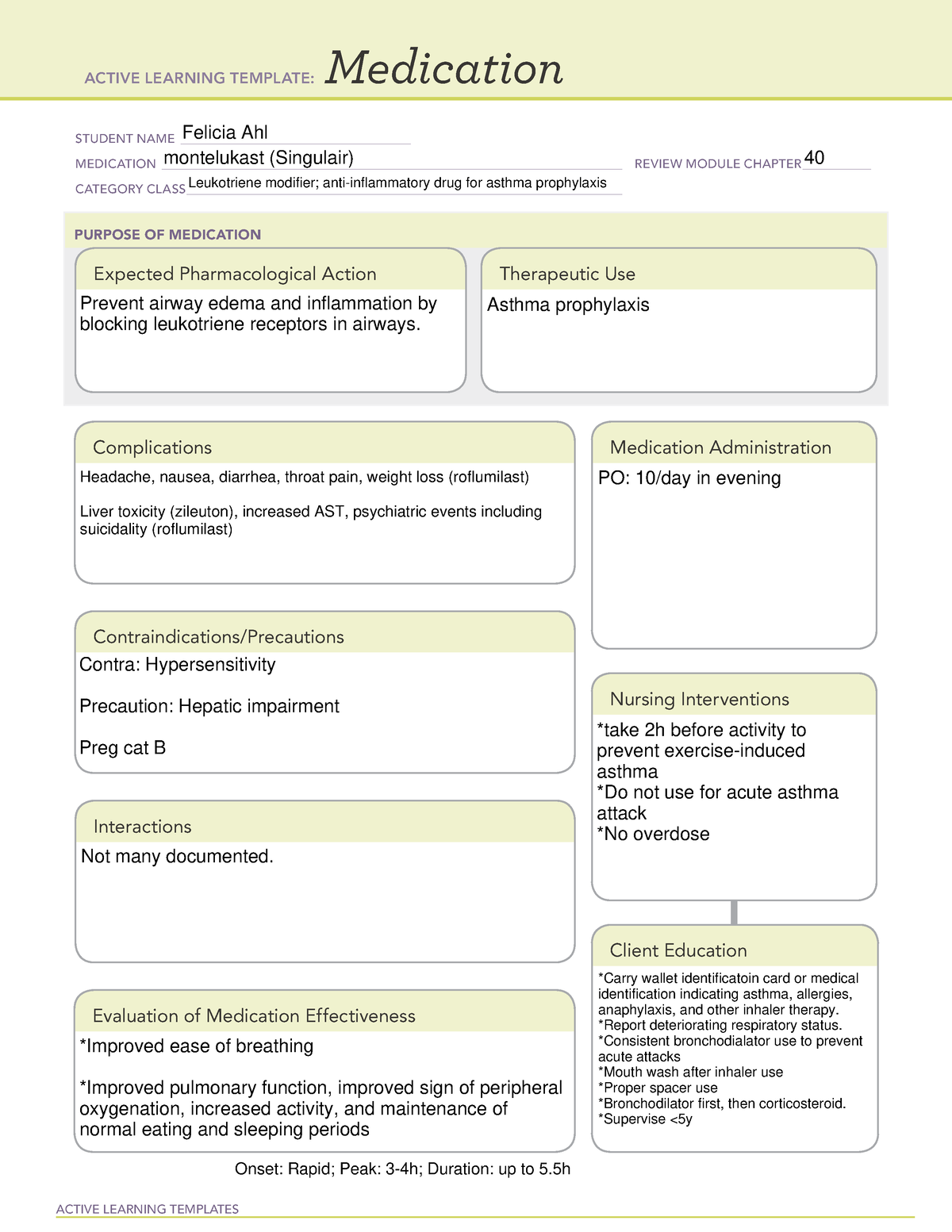 Montelukast drug cards ACTIVE LEARNING TEMPLATES Medication STUDENT