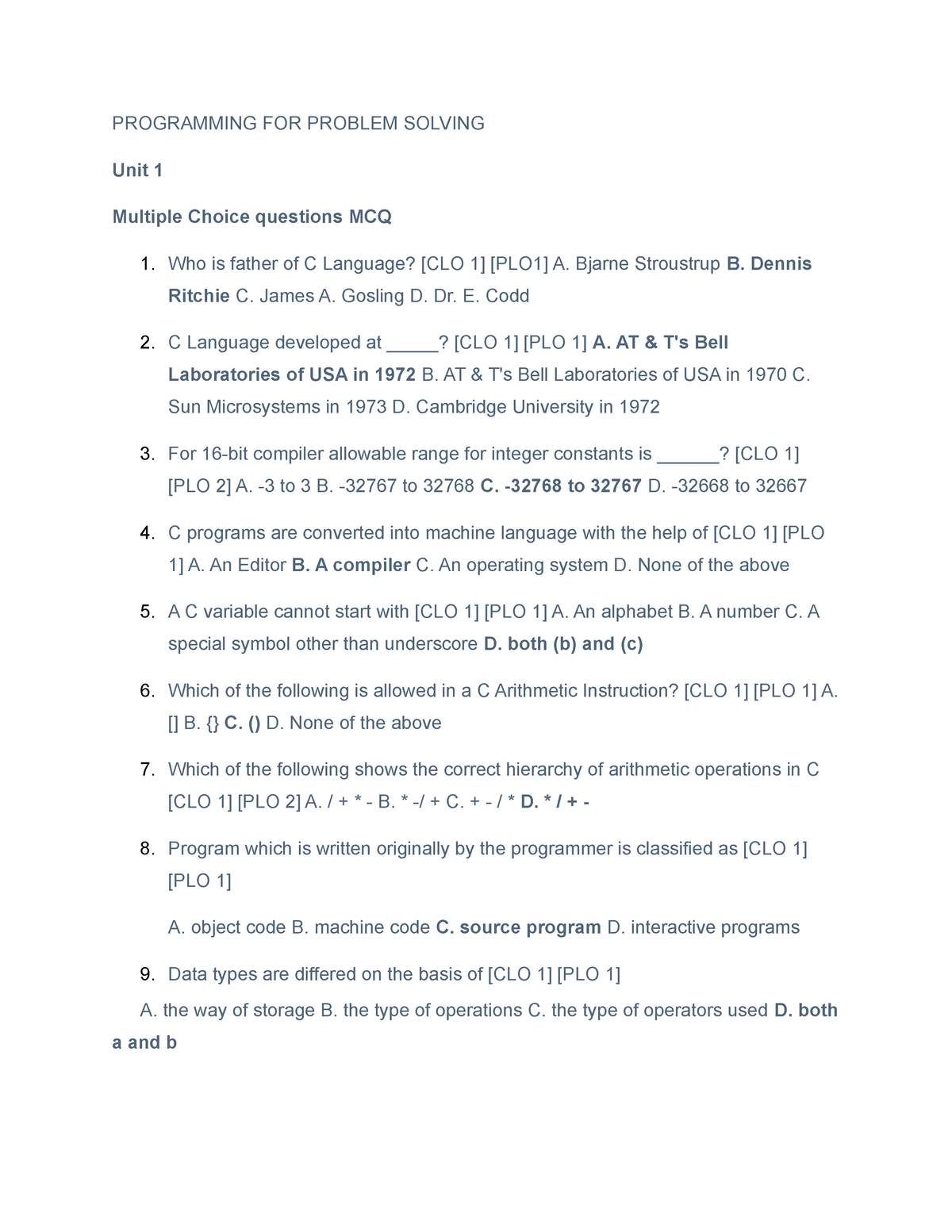 problem solving techniques one mark questions and answers