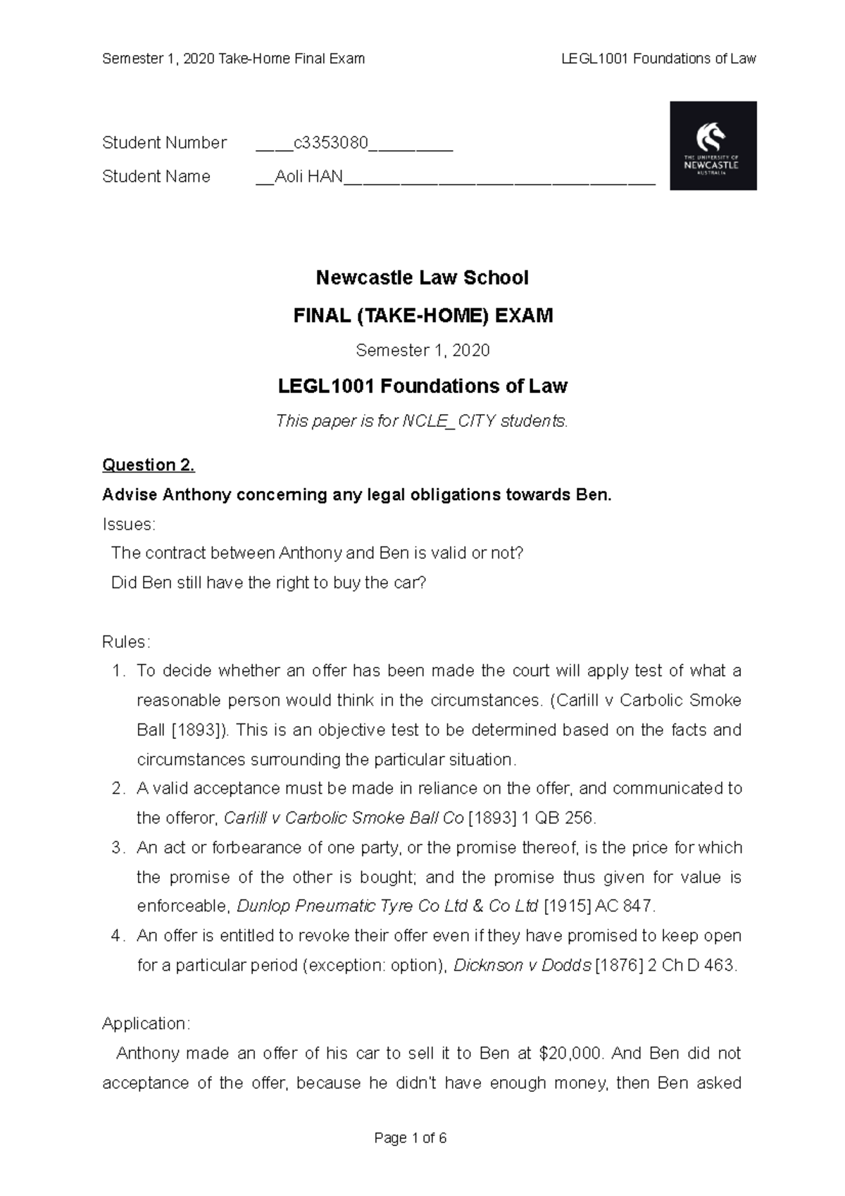 LEGL1001 Take Home Exam Sem 1 2020 1 - Student Number c3353080 ...