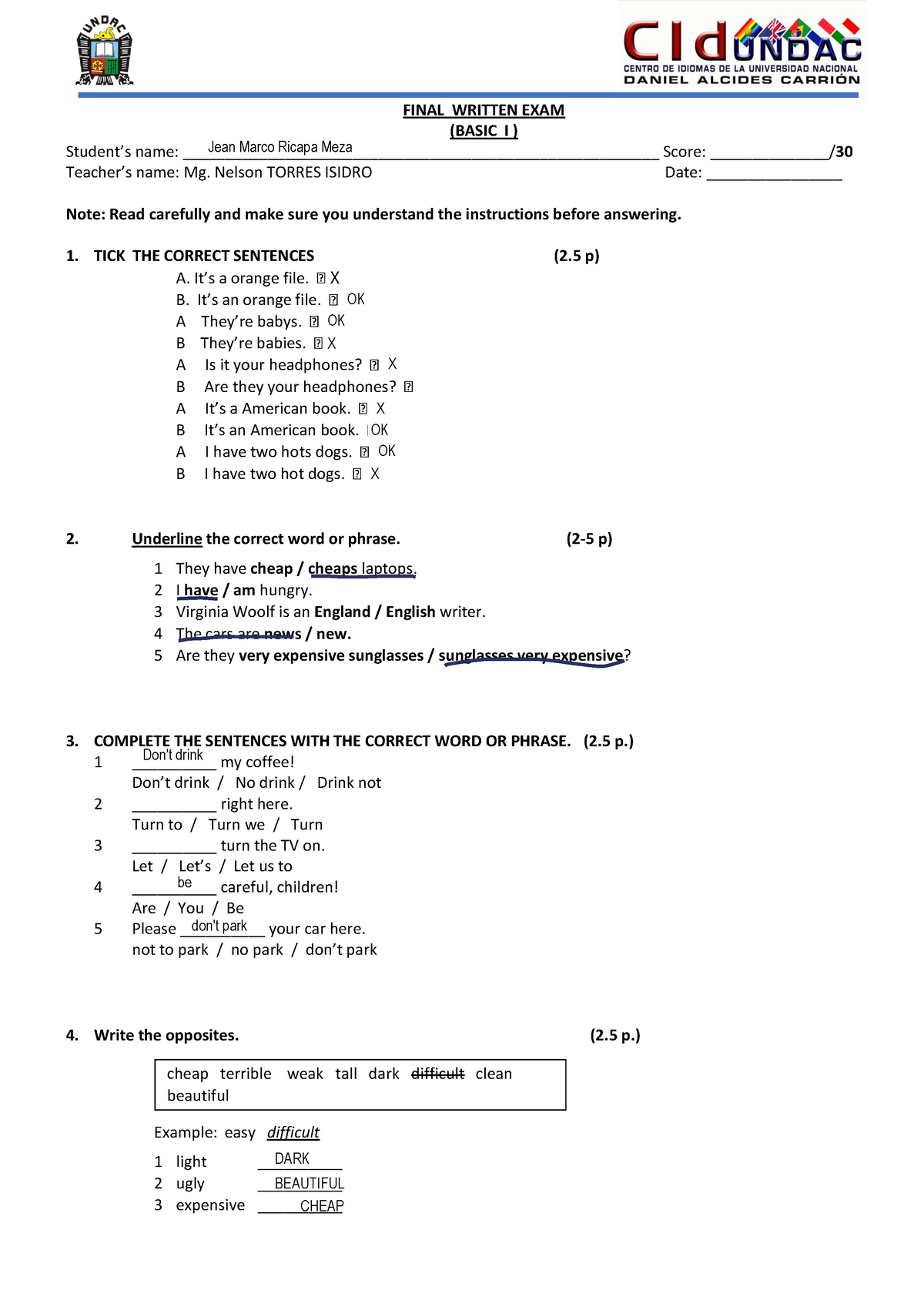 II Final TEST - Pratica - FINAL WRITTEN EXAM (BASIC I ) Student’s Name ...