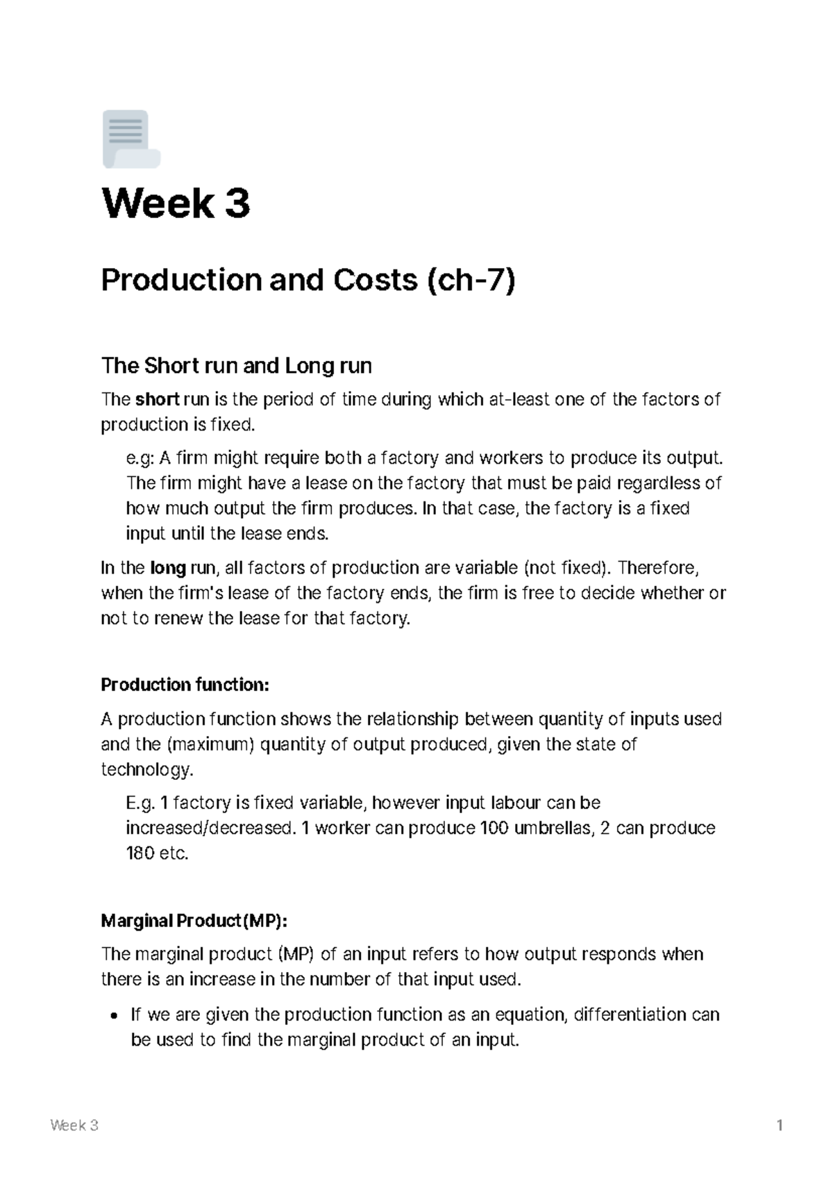Production and Costs - Lecture notes 3 - Week 3 Production and Costs ...