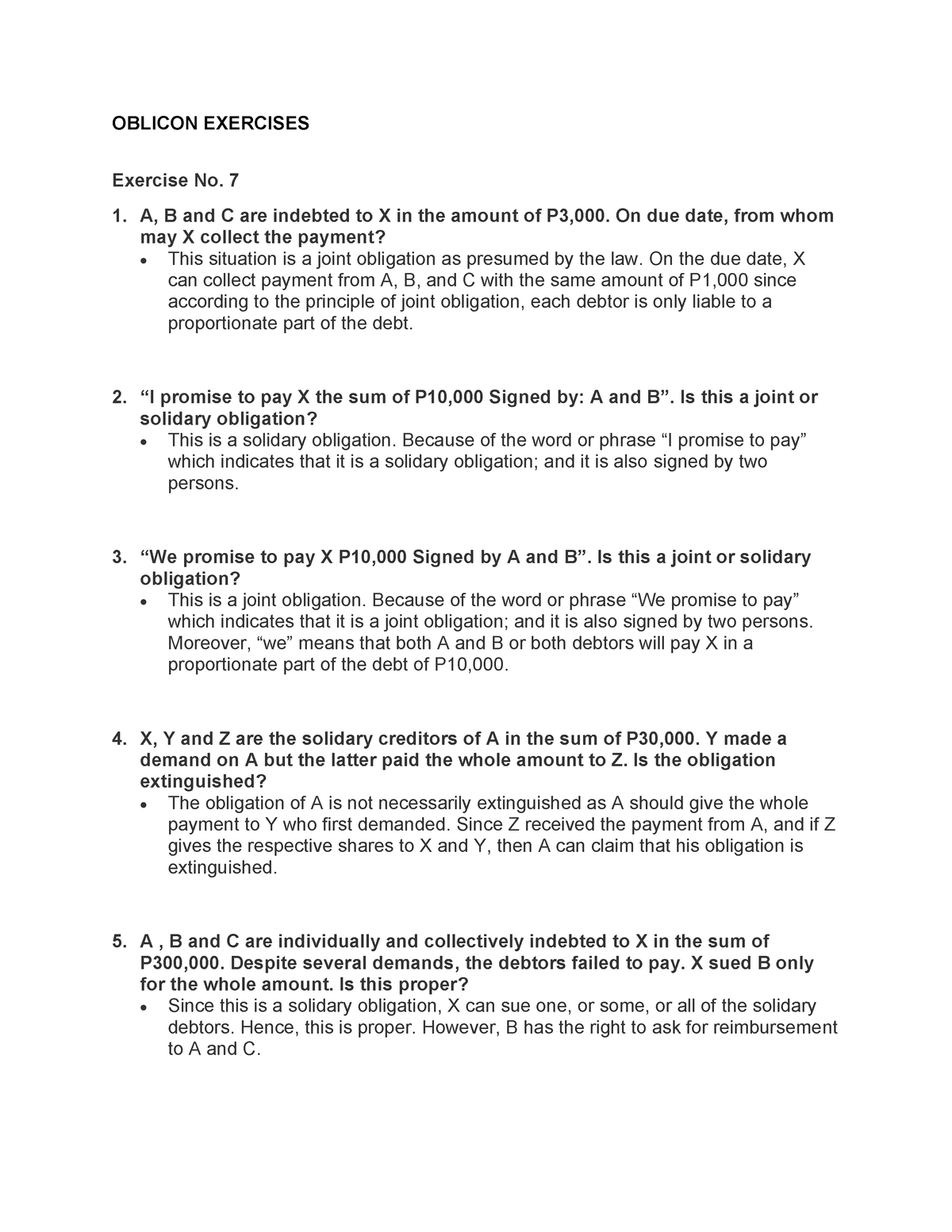 Oblicon LAW Exercise 7 - OBLICON EXERCISES Exercise No. 7 1. A, B And C ...