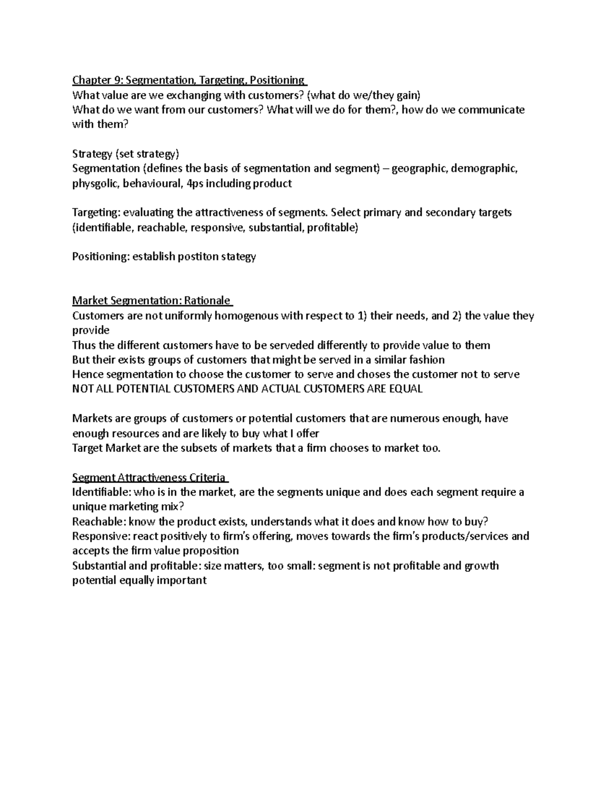 Chapter 9 lecture notes - Chapter 9: Segmentation, Targeting ...