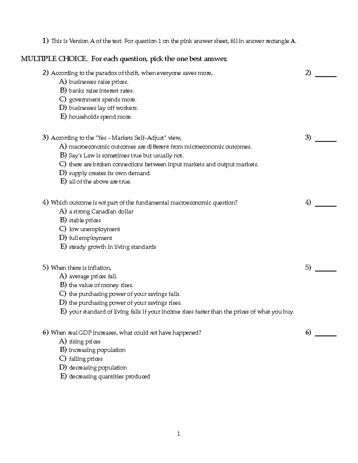 Test February 2019, questions and answers - 1)This is Version A of the ...