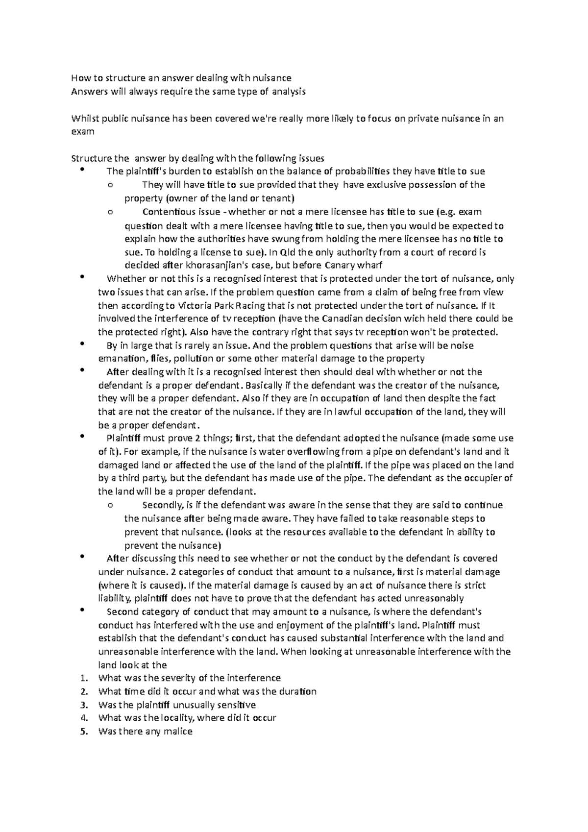 Tutorial 10 - nuisance - How to structure an answer dealing with ...