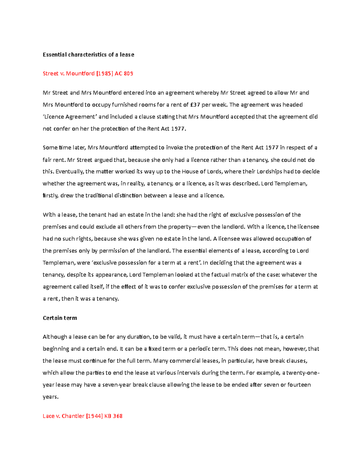 Essential characteristics of a lease Mountford [1985] AC 809 Mr
