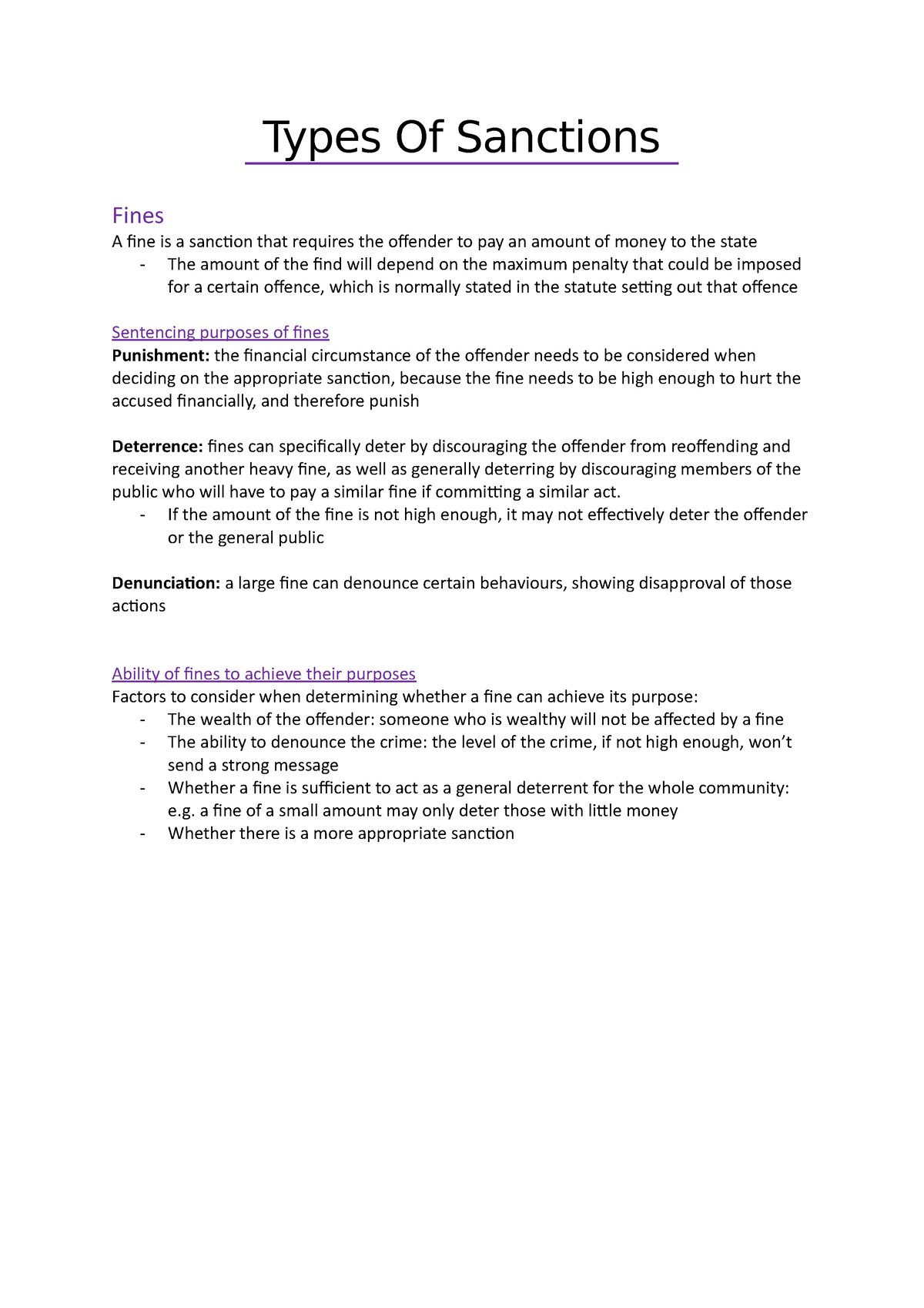 Types Of Sanctions Unit 3 Outcome 1 Criminal Law Types Of Sanctions Fines A Fine Is A 