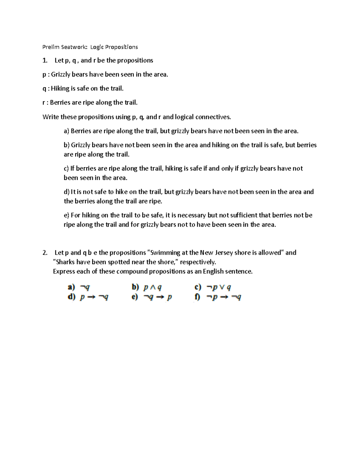 Prelim Seatwork Logic Propositions Problems - Prelim Seatwork: Logic ...