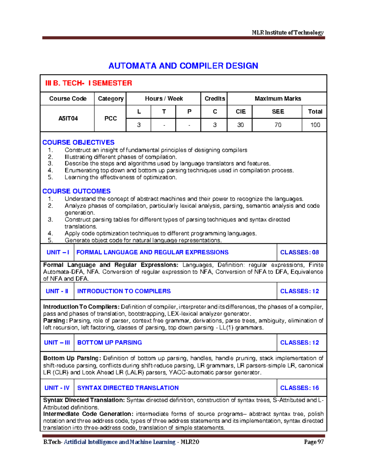 Automata AND Compiler Design - MLR Institute of Technology B ...