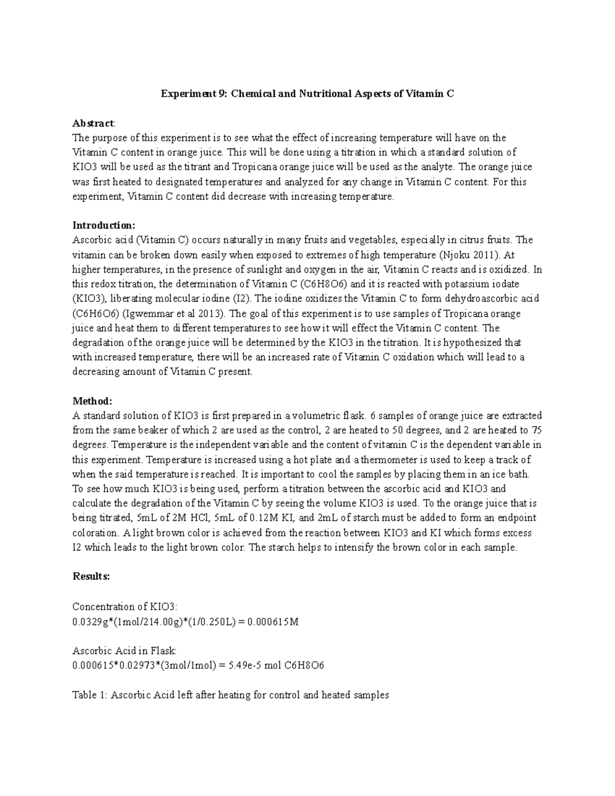 Experiment 9 Lab Report - Experiment 9: Chemical and Nutritional ...