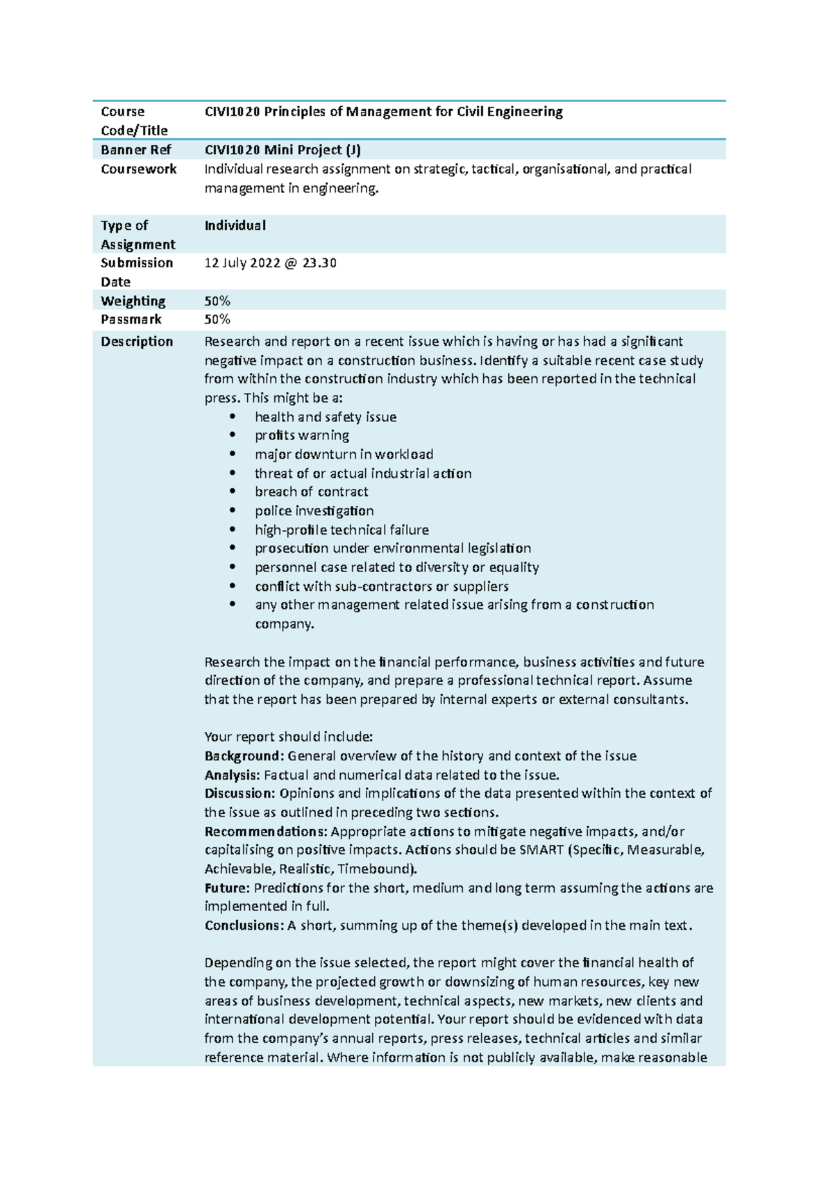 CIVI1020 Resit Assessment Brief Summer 2022 - Course Code/Title ...
