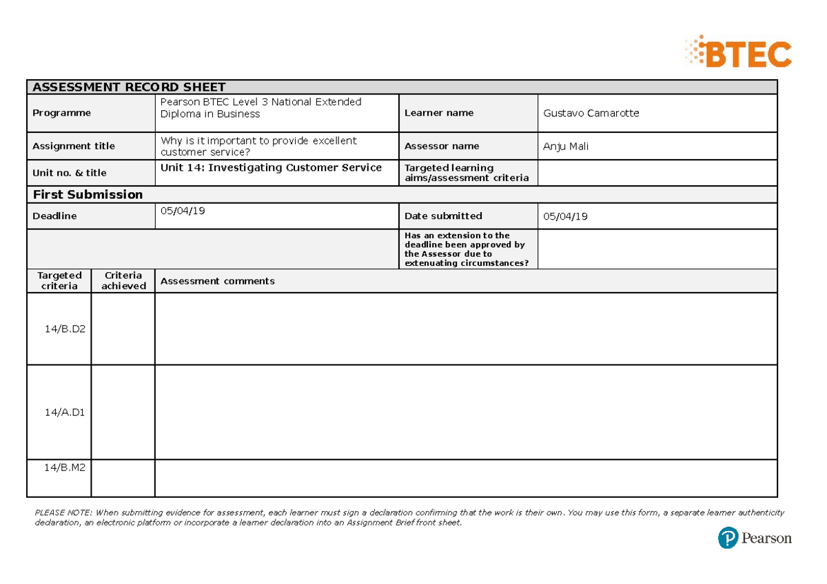 BTEC Assessment Record - ASSESSMENT RECORD SHEET Programme Pearson BTEC ...