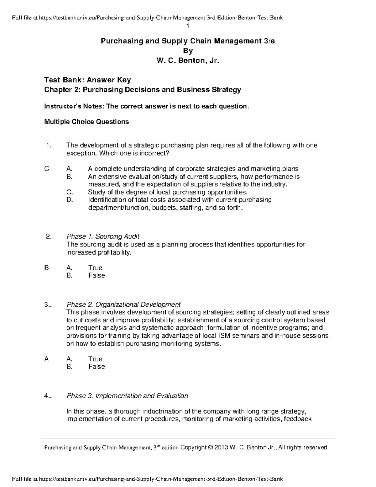 Purchasing And Supply Chain Management 3rd Edition Benton Test Bank 1 