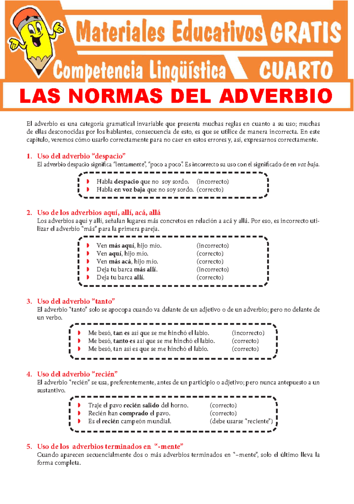 Las Normas Del Adverbio Para Cuarto Grado De Secundaria El Adverbio