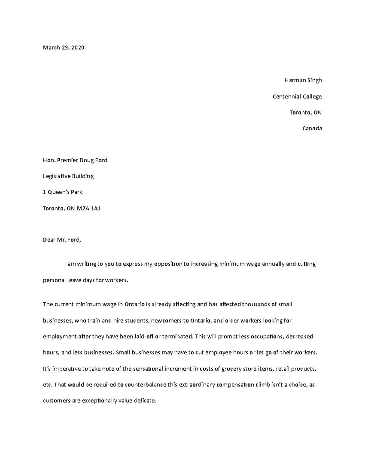 Letter of Concern to Premier Doug Ford - March 29, 2020 Harman Singh ...