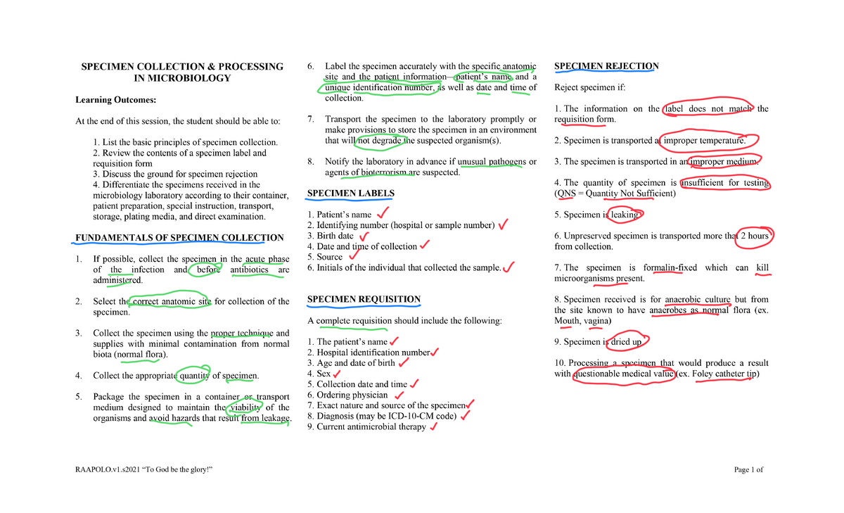 SpecimenManagementTranscript Medical Technology Studocu