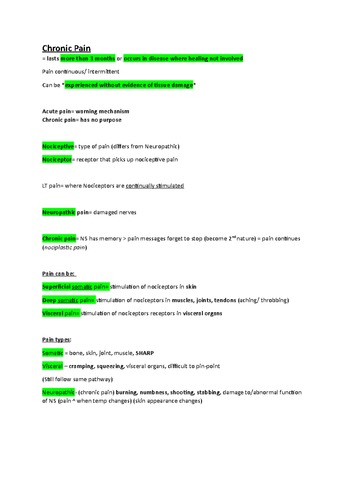 Chronic Pain - Revision notes for 2nd year adult nursing module NUR4055 ...