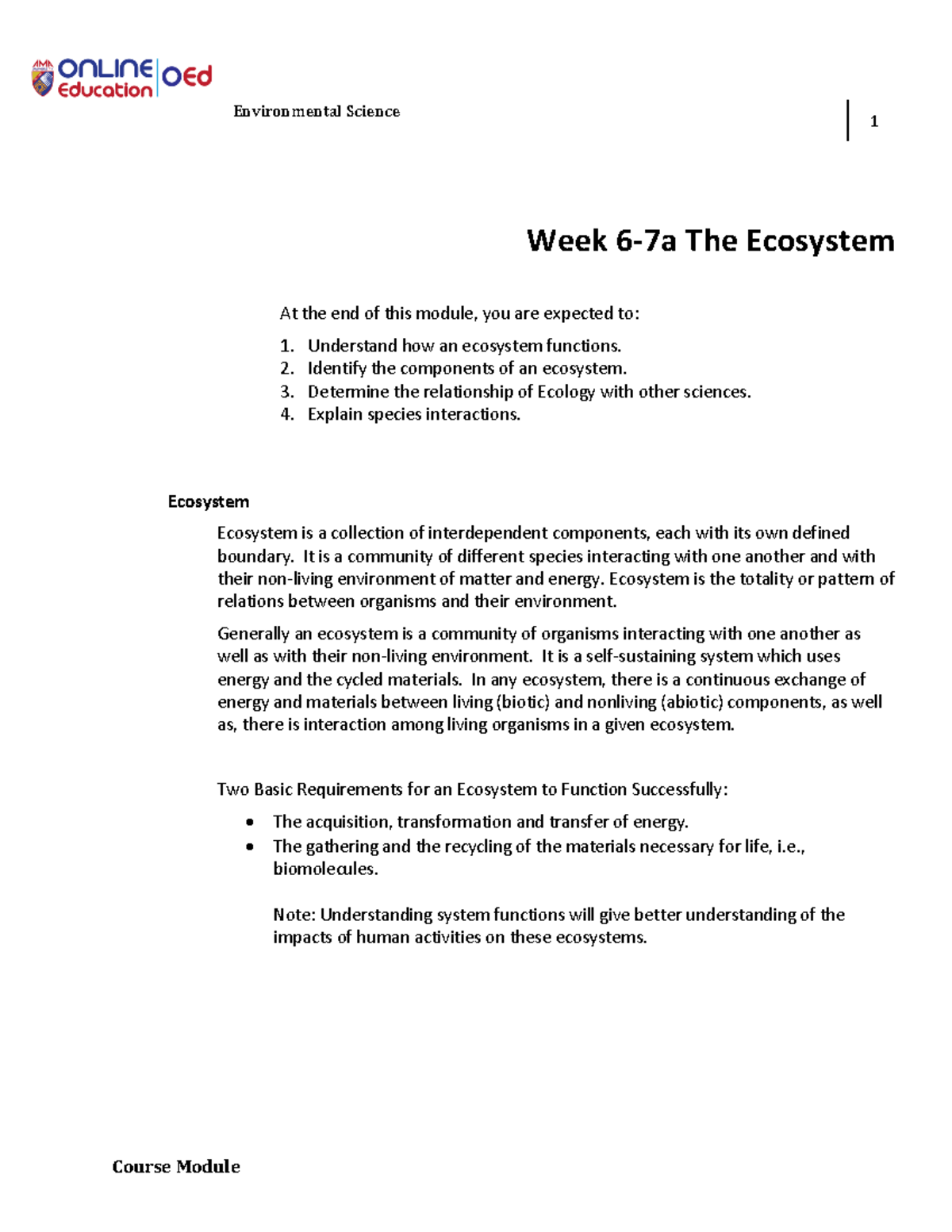 W6-7a The Ecosystem - Lecture Notes 1-4 - Environmental Science 1 ...