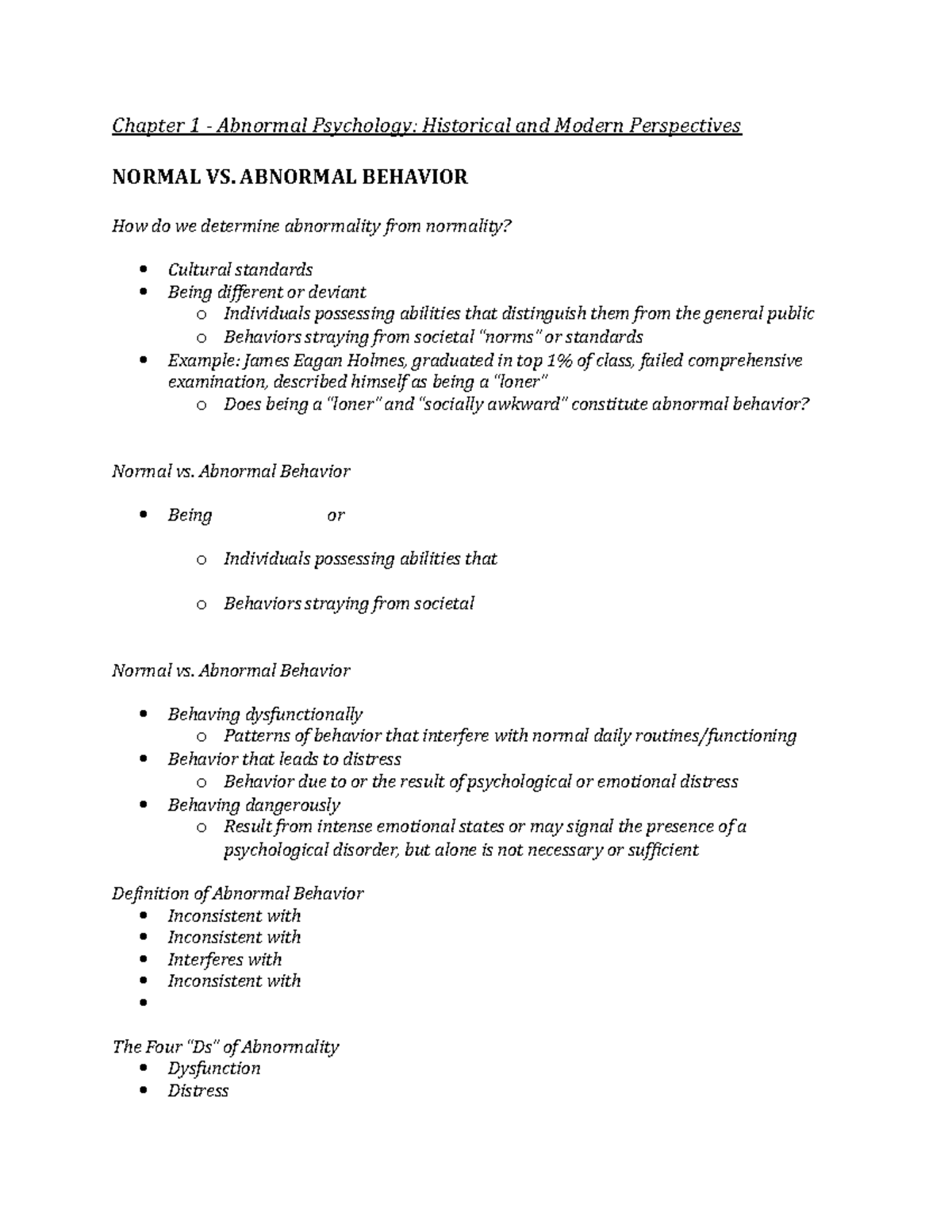Chapter 1 notes - Professor Tomney - Chapter 1 Abnormal Psychology ...