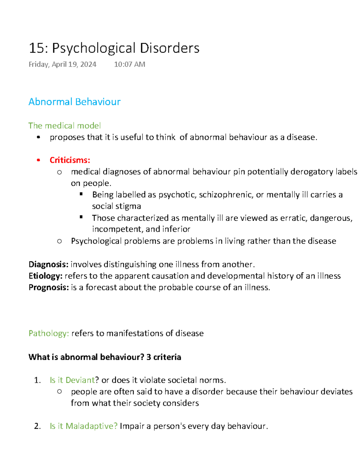 15 Psychological Disorders- notes - Abnormal Behaviour The medical ...