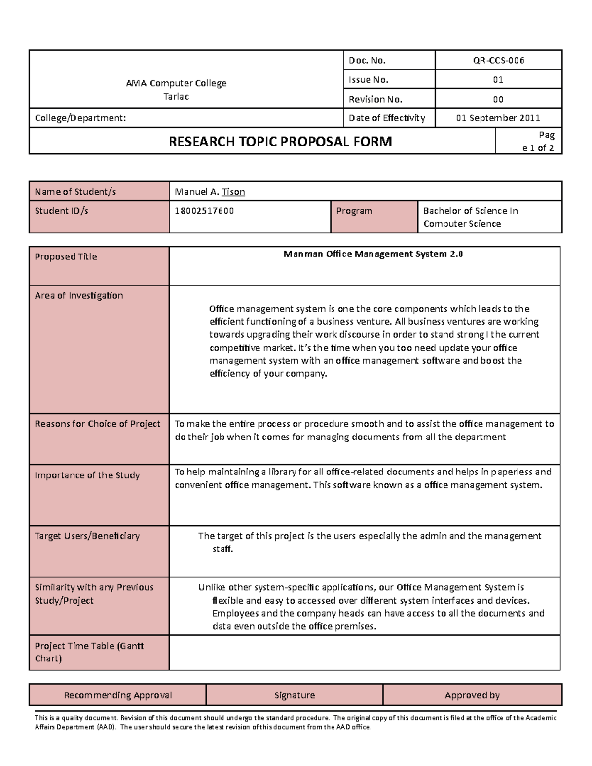 Template Topic Proposal FORM - Doc. No. QR-CCS- Issue No. 01 Revision ...