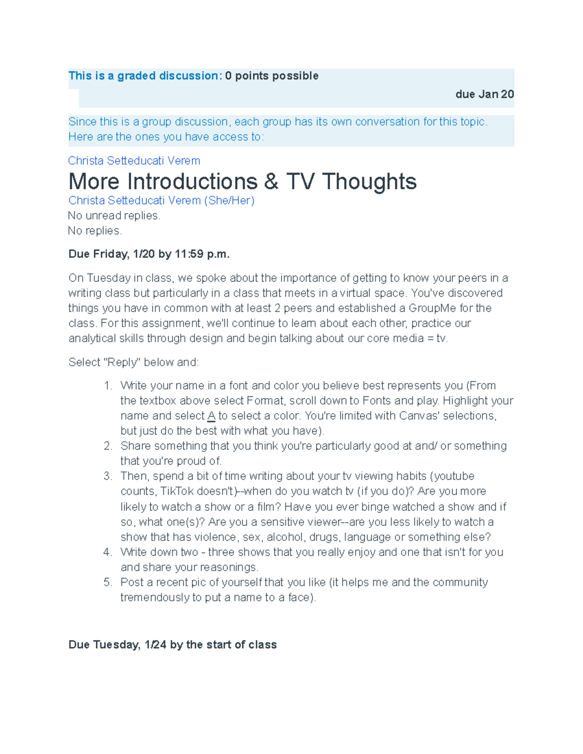 Graded Discussion: Introductions and TV Viewing Habits - Studocu