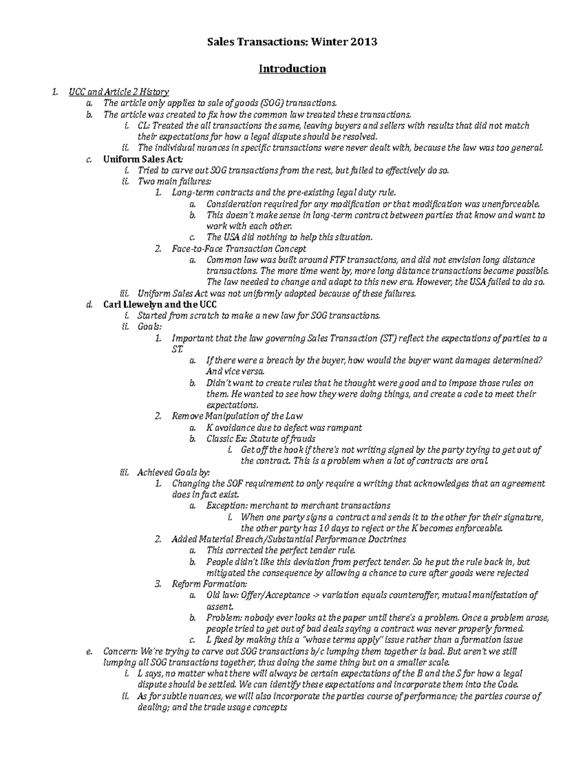 Sales Transactions Outline - Sales Transactions: Winter 2013 