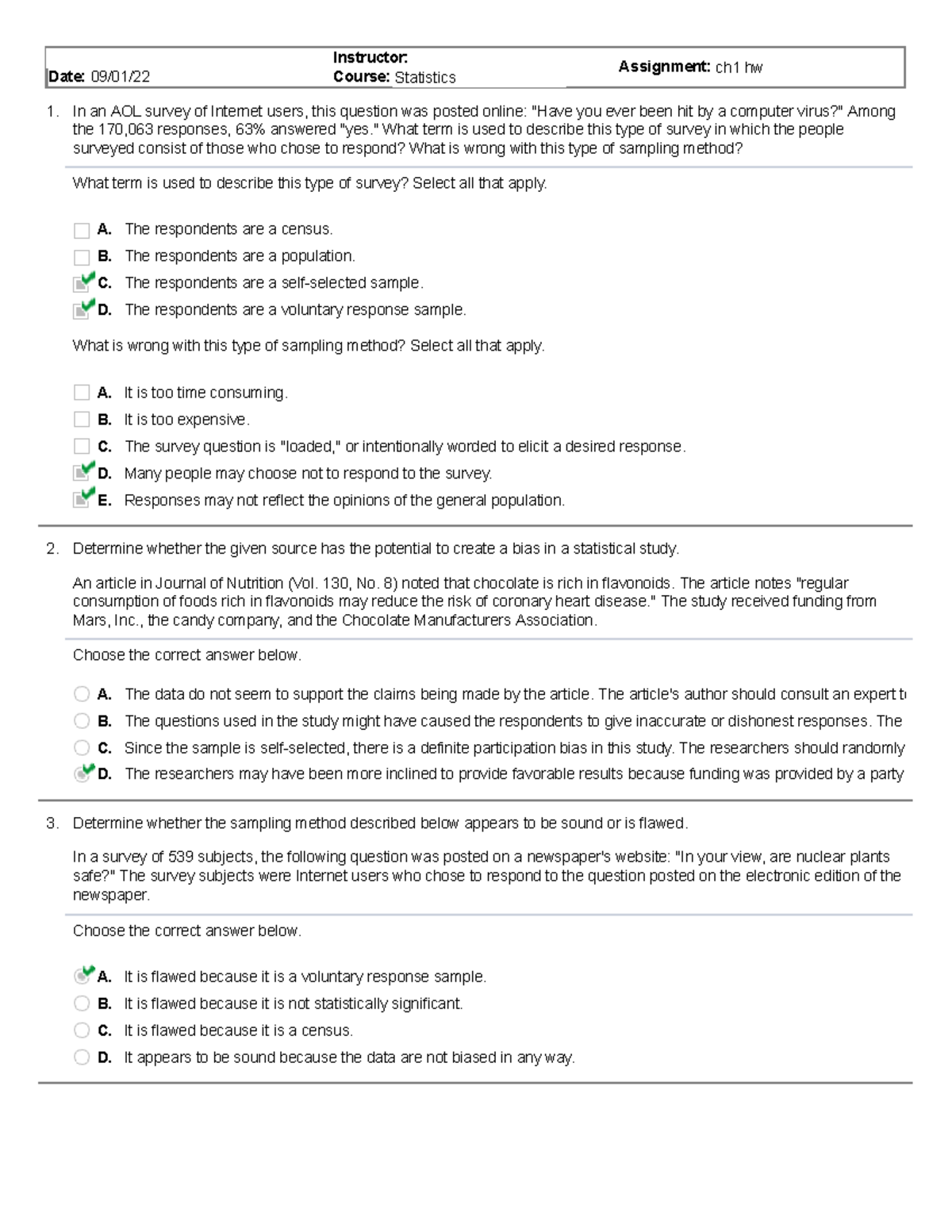 Statistics HW Chapter 1 - 1. 2. 3. Student: Mikhail Sabirov Date: 09/01 ...