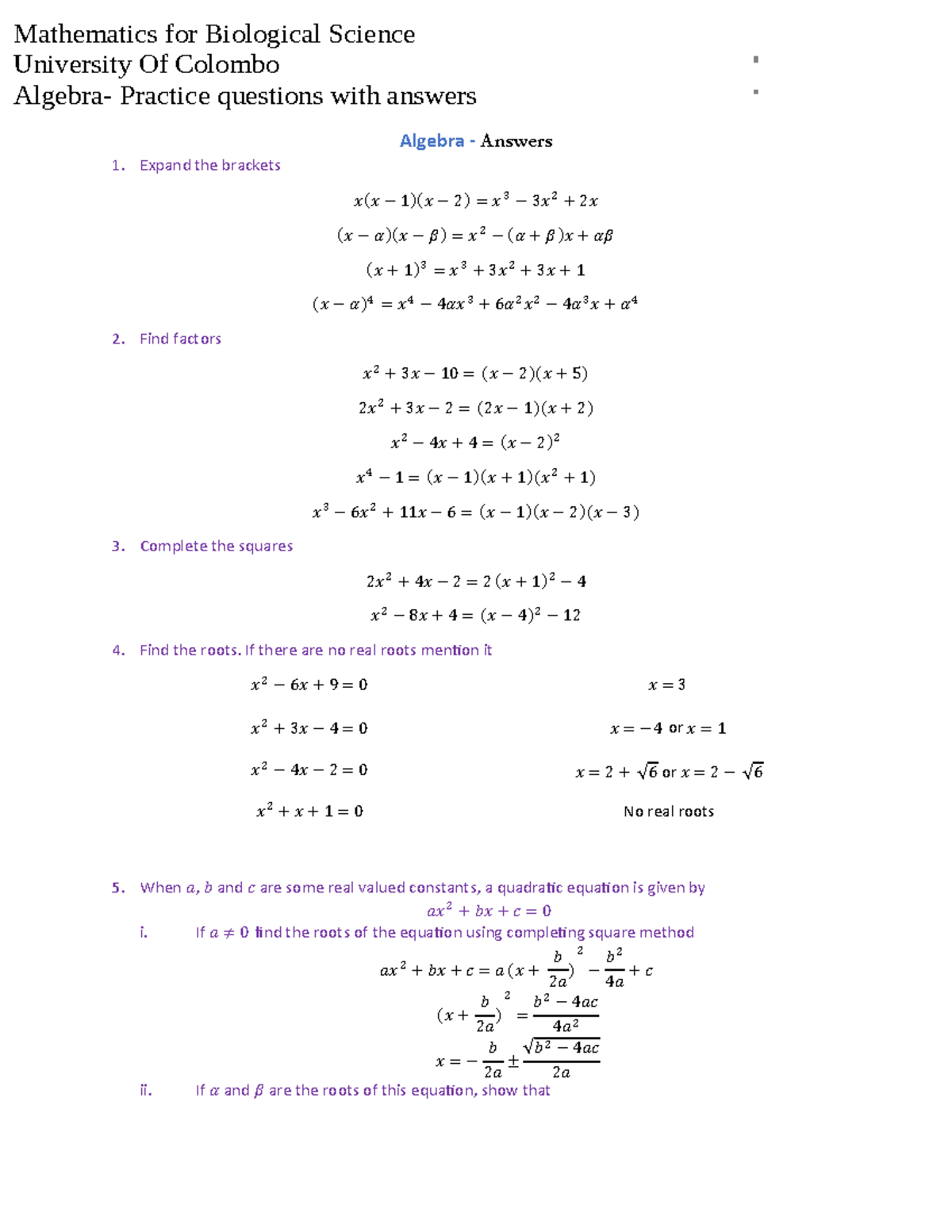 Algebra - Practice Questions With Answers - Algebra - Answers Expand 