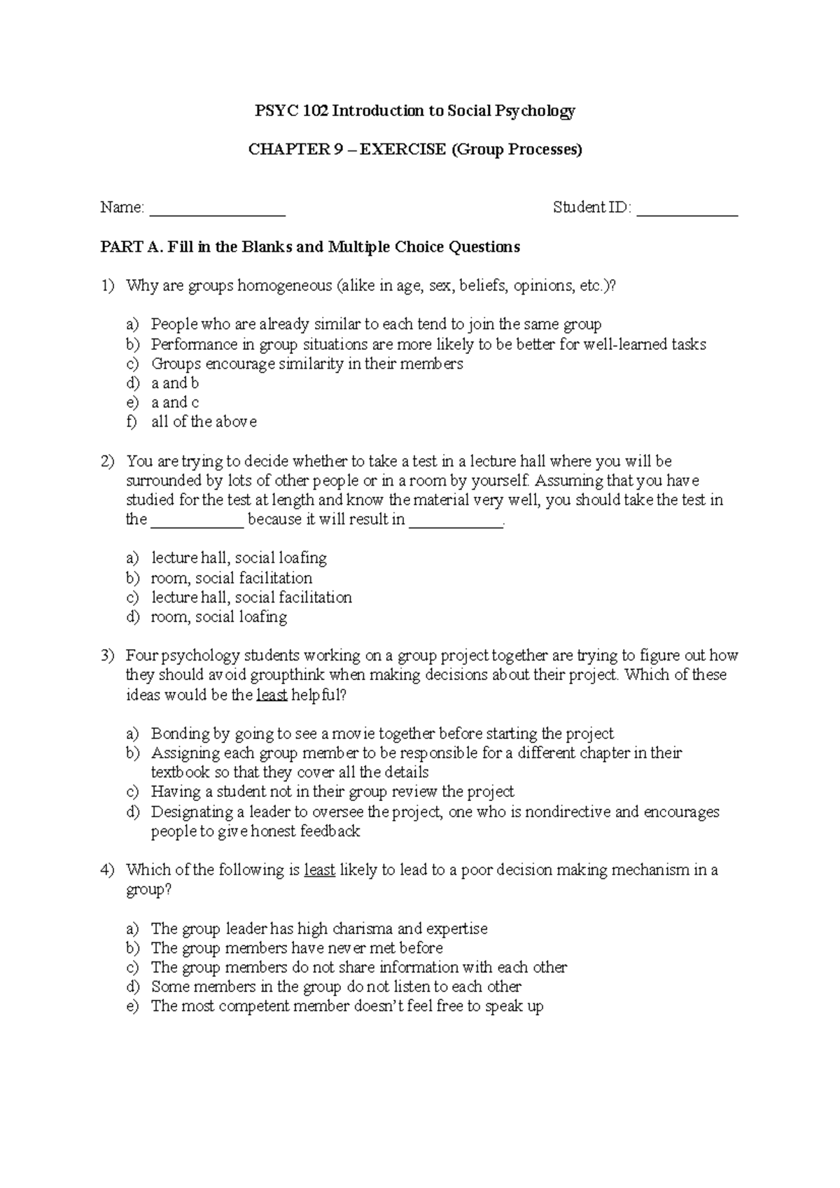 Week 9 Exercise - week 9 practice questions - PSYC 102 Introduction to ...