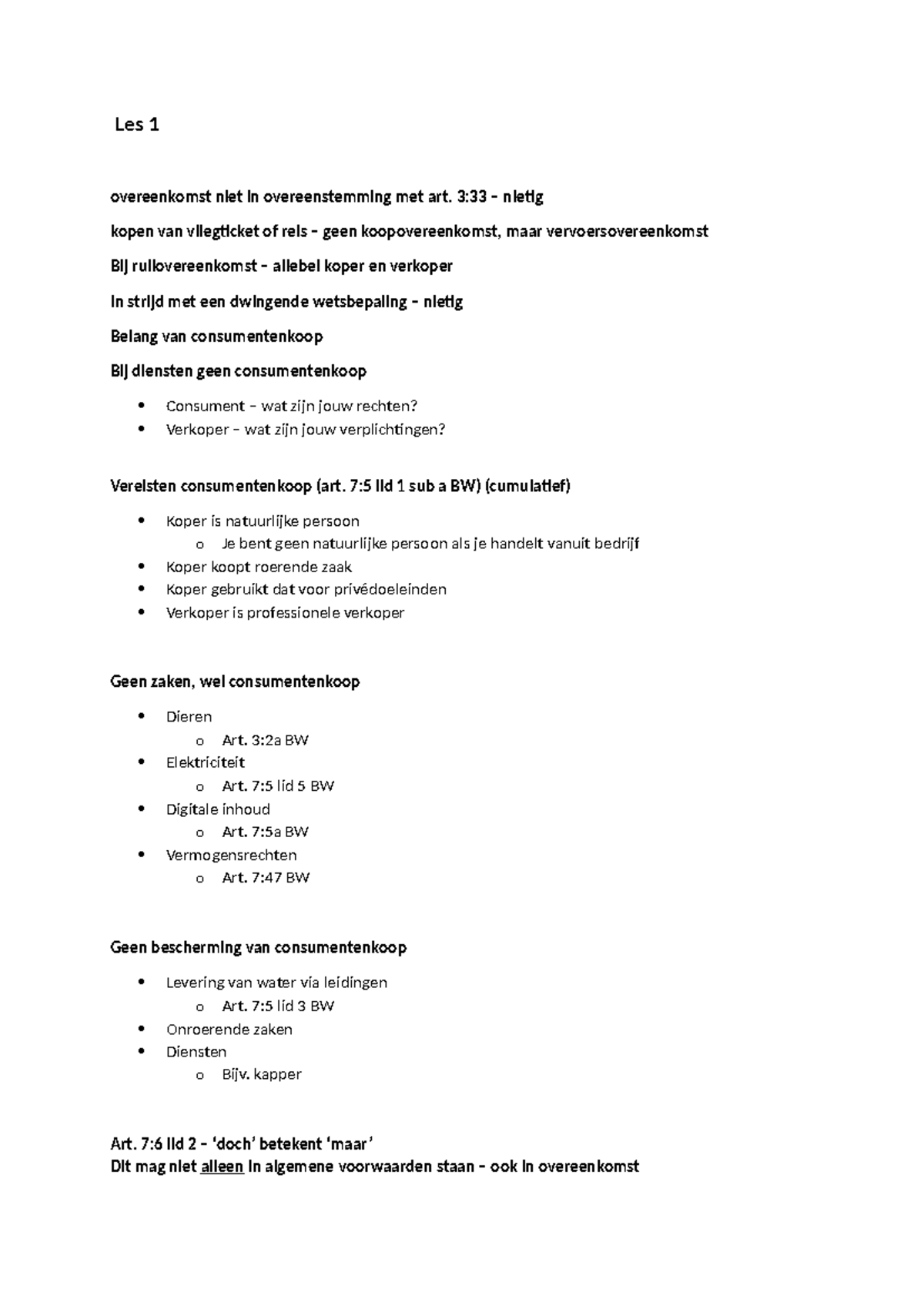 Aantekeningen koop- en consumentenkoop - Les 1 overeenkomst niet in ...