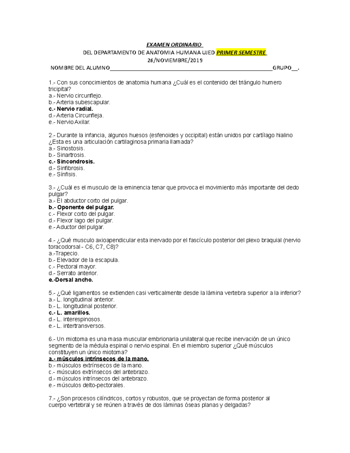 Examen ordinario anatomia humana primer semestre 2019 b EXAMEN