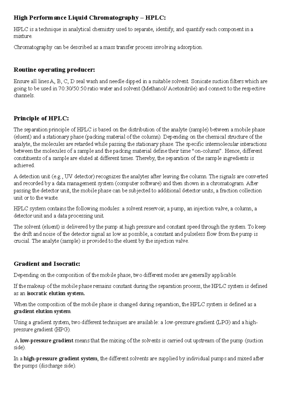 HPLC calibration Pharmacy notes High Performance Liquid