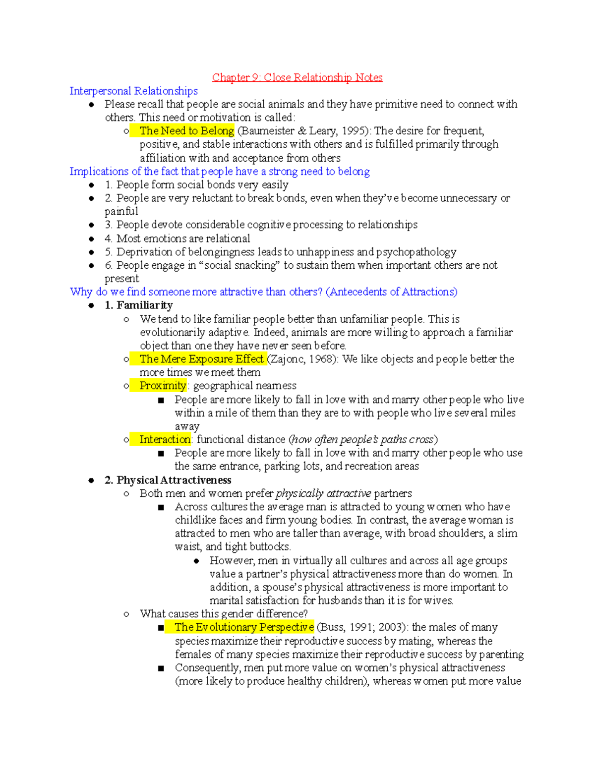 Chapter 9 Close Relationships Notes - Chapter 9: Close Relationship ...