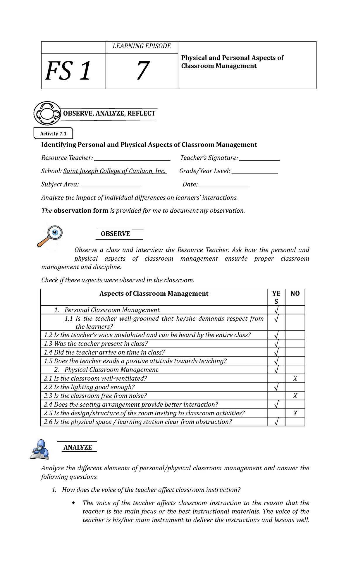 Field Study 1EPI7 LEARNING EPISODE FS 1 7 Physical and Personal