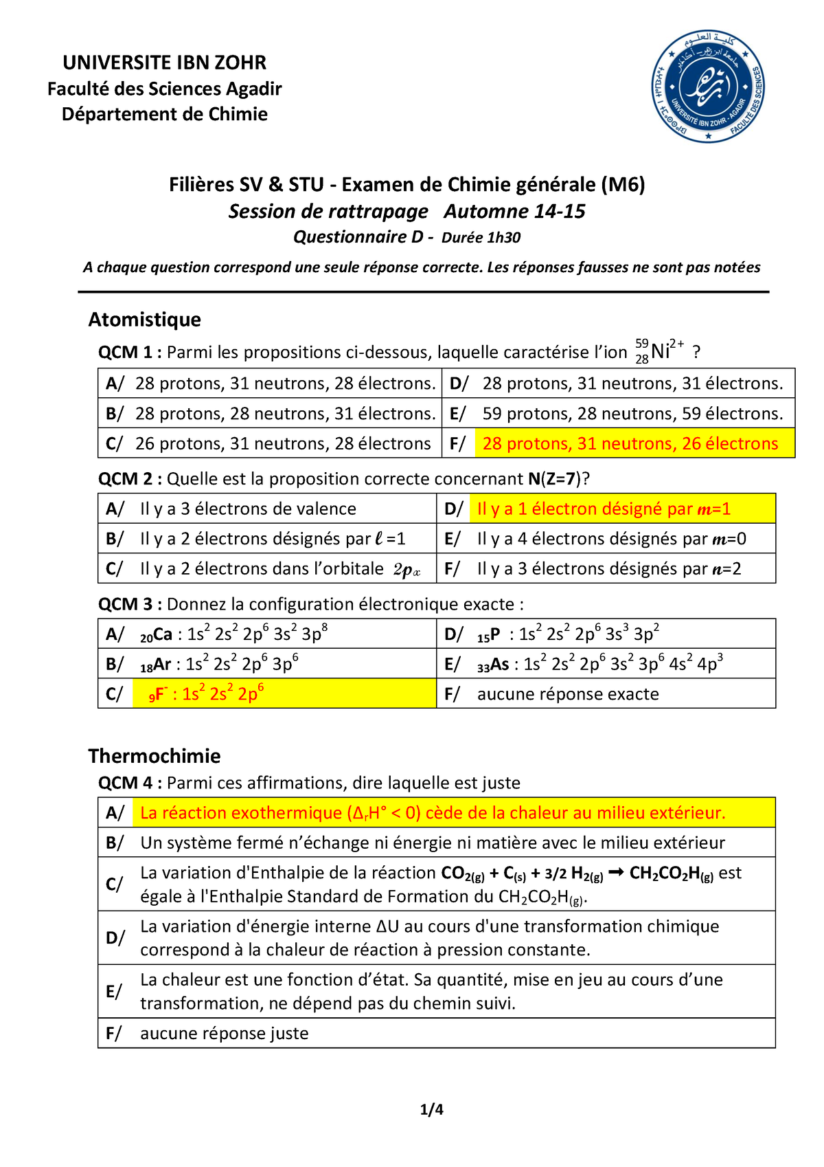 QCM SV 14-15 Ratt Corrigé - UNIVERSITE IBN ZOHR Faculté Des Sciences ...