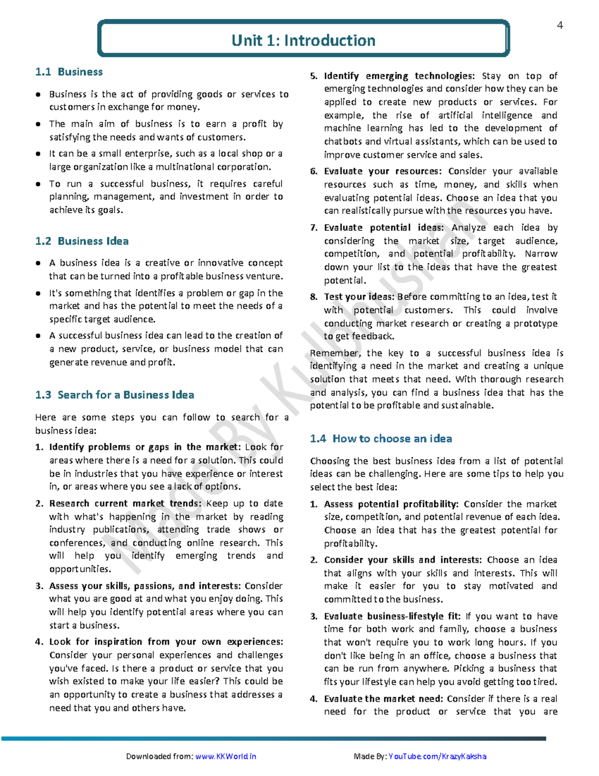 Merged ALL unit notes - 1 Business Business is the act of providing ...