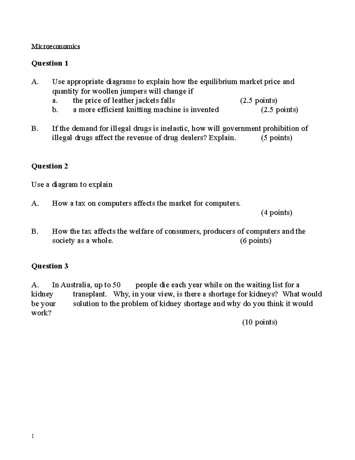 Sample/practice exam, questions - Microeconomics Question 1 A. Use ...