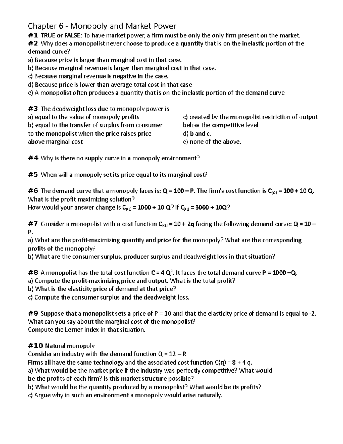 Compact printable version ex6 - Chapter 6 - Monopoly and Market Power ...