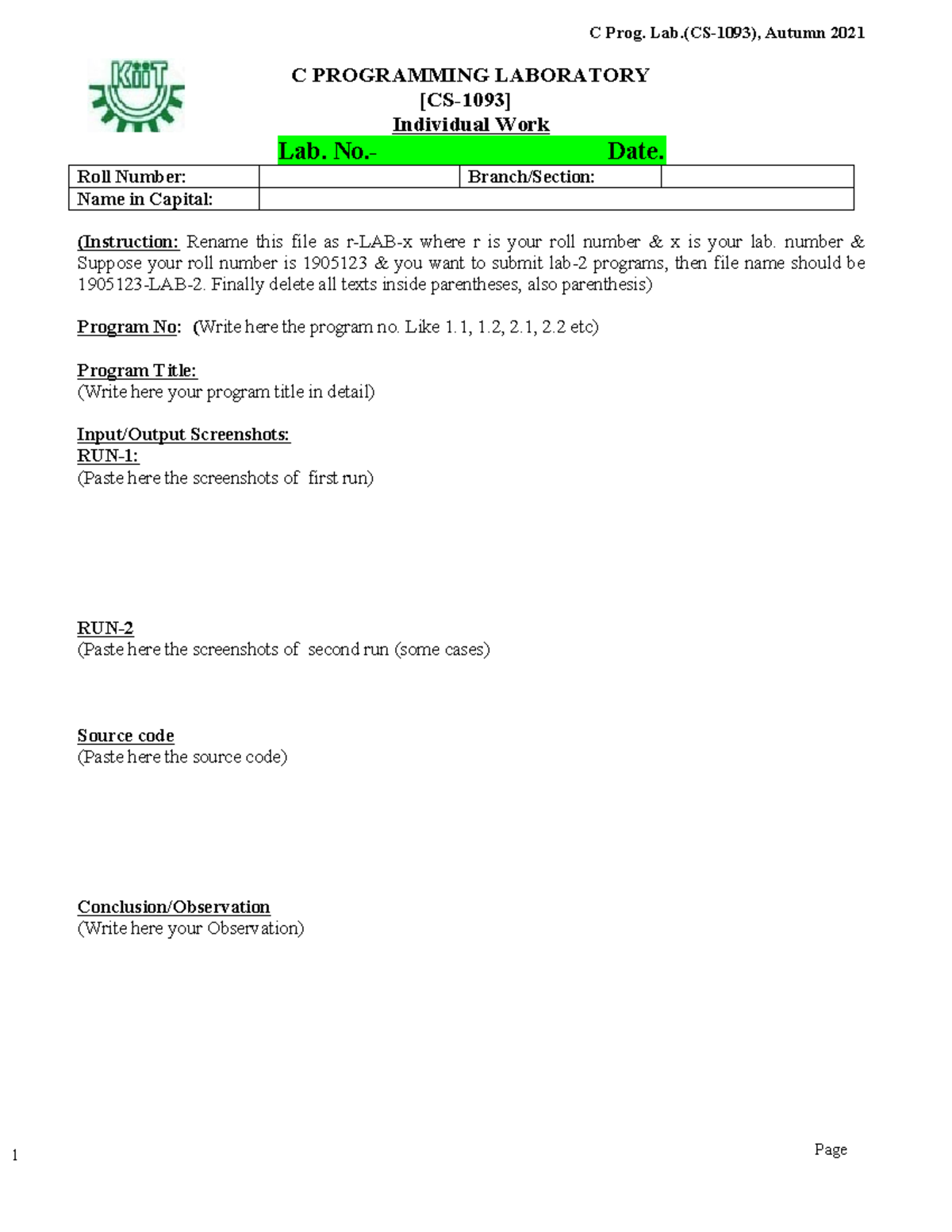 Lab record maintain sheet - C Prog. Lab.(CS-1093), Autumn 2021 1 Page C ...