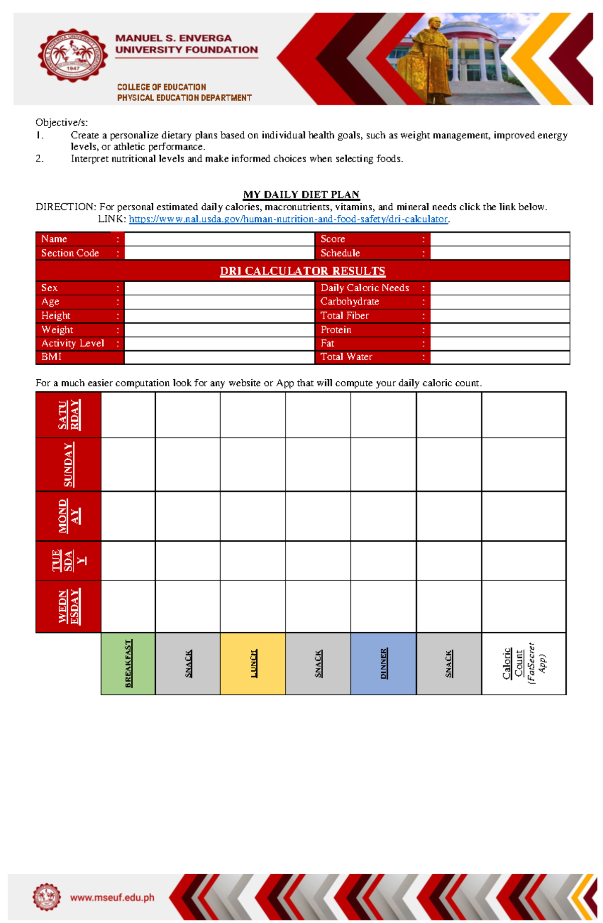 dietary-plan-template-2024-college-of-education-physical-education