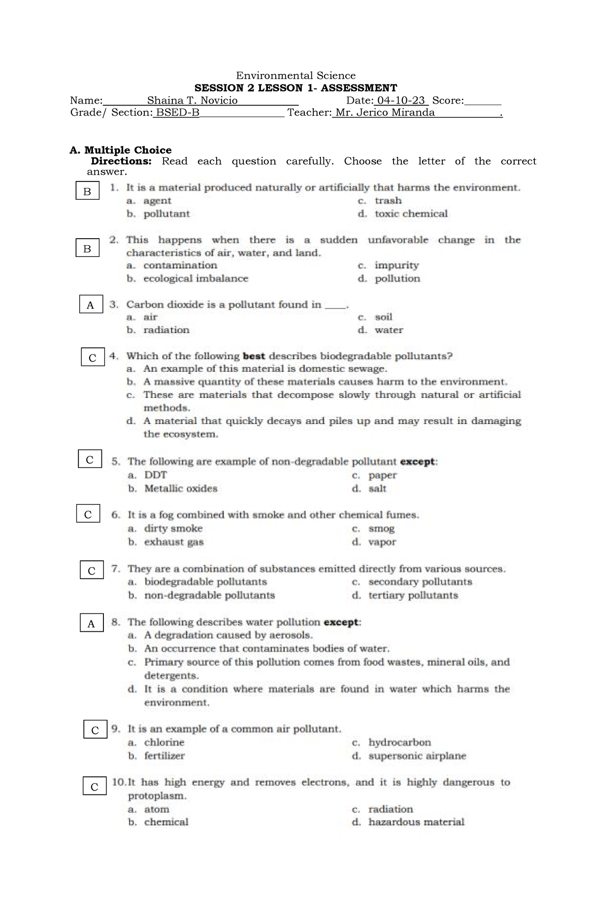 Envisci Session 2 Lesson 1 Assessment - Environmental Science SESSION 2 ...